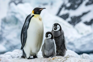 Obraz premium Penguin family keeping warm in extremely cold day