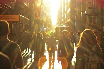 Fototapeta na wymiar People walking on busy city street sun low