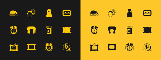 Set Earplugs with storage box, Pillow, Sleeping pill, Alarm clock, Travel neck pillow, Ghost, hat and Dreams icon. Vector