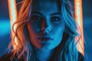 Portrait of blonde woman standing under blue and orange lights - Powered by Adobe