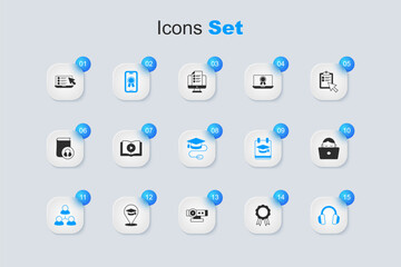 Set Online education with diploma, Audio book, class, Headphones, Student working laptop, quiz, test, survey and Graduation cap mouse icon. Vector