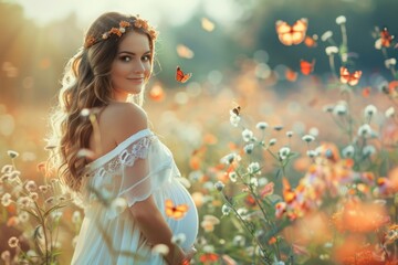 pregnant young beautiful girl enjoying the day surrounded by butterflies on blooming field