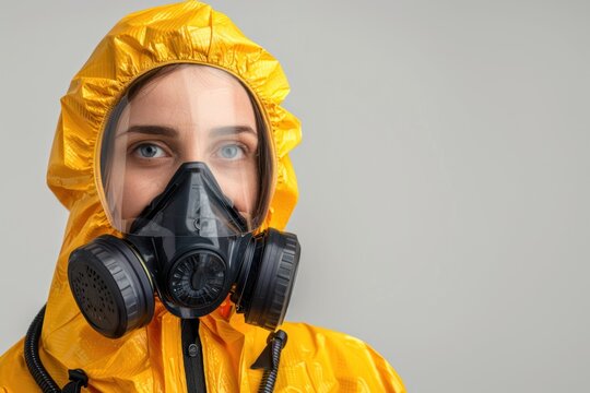 Portrait of a woman in a chemical protection suit Isolated on white background