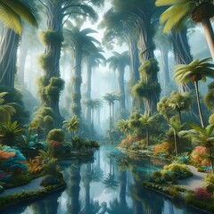 A painting of a river surrounded by palm trees..