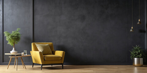 Wall mock up in dark tones with yellow armchair on black wall background.