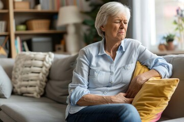 Senior woman sitting on couch in severe pain