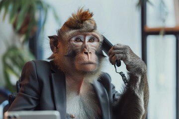 serious business monkey talk phone in modern bright office