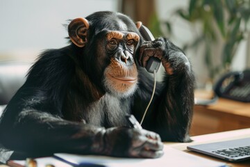 serious business monkey talk phone in modern bright office - obrazy, fototapety, plakaty