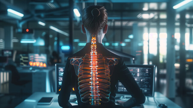 A woman expression conveys the struggle of dealing with back pain caused by spinal cord injury. The importance of raising awareness about spinal cord injuries. Generative AI.