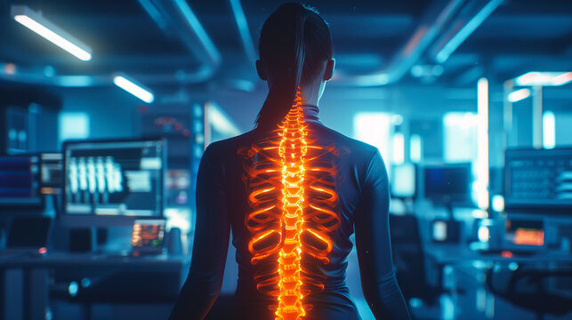 A woman expression conveys the struggle of dealing with back pain caused by spinal cord injury. The importance of raising awareness about spinal cord injuries. Generative AI. - Powered by Adobe