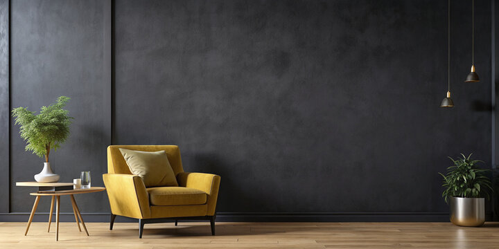 Fototapeta Wall mock up in dark tones with yellow armchair on black wall background.