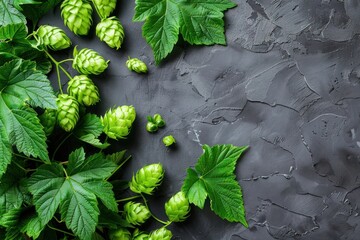Naklejka premium Green hops on background, top view with copy space
