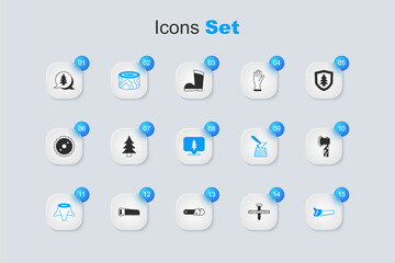 Set Metallic nail, Tree, Wooden logs, stump, Hand saw, axe, and Location of the forest icon. Vector