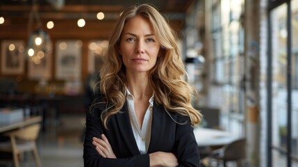 Portrait of a professional woman in a suit standing in a modern office Mature business woman looking at the camera in a workplace meeting area