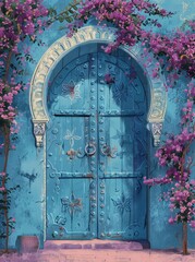 Obraz na płótnie Canvas A painting featuring a blue door adorned with vibrant pink flowers, depicting a colorful and inviting scene