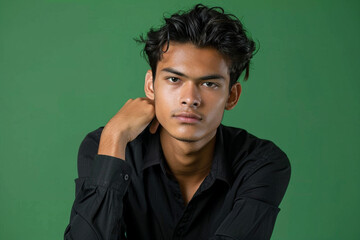 Portrait of young man posing on green background