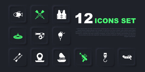 Set Spring scale, Inflatable boat with motor, Fishing rod, harpoon, float water, Location fishing, Crossed oars paddles and Yacht sailboat icon. Vector