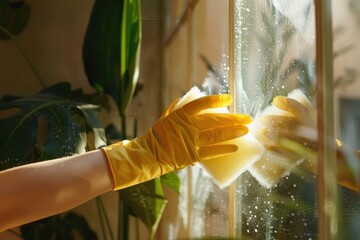 Person Cleaning Window With Yellow Gloves