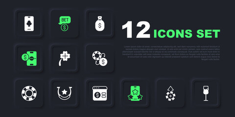 Set Casino chips, Wine glass, slot machine with clover, Online sports betting, Football money, Horseshoe, dollar and poker table game icon. Vector