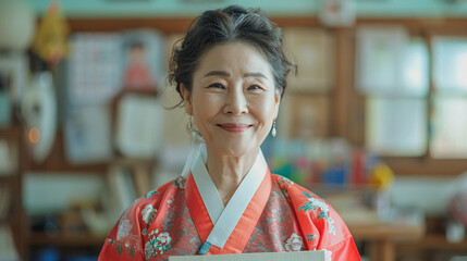 A full-body image of a friendly Korean teacher with a warm smile holding language learning materials
