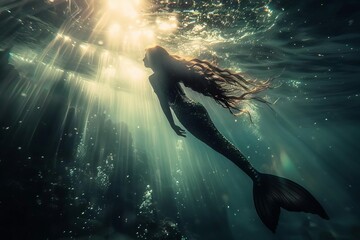 Beautiful mermaid swimming underwater with light shining through water surface, enchanting fantasy...