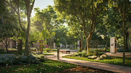 Fototapeta premium community park in the heart of an eco-green city, surrounded by lush greenery and dotted with solar-powered charging stations, illustrating the seamless integration of nature and technology in urban 
