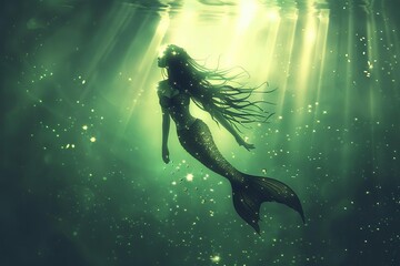 Beautiful mermaid swimming underwater with light shining through water surface, enchanting fantasy illustration