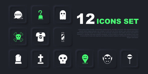 Set Vampire, Lollipop, Shirt with skull, Happy Halloween holiday, Skull on crossbones, Tombstone, Pirate hook and icon. Vector