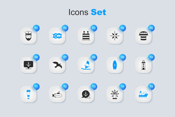 Set Ship steering wheel, Bird seagull, Nautical rope knots, Spyglass telescope lens, Cargo ship, Lighthouse, Captain of and Windsurfing icon. Vector