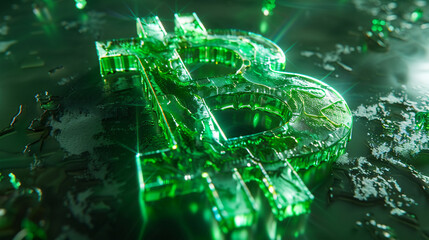A high-detail Bitcoin symbol with a translucent glass melt effect by Dieter Rams against a dynamic neon green background