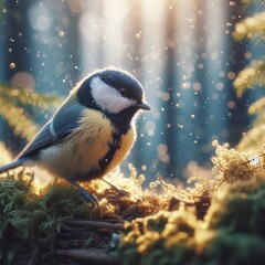Obraz na płótnie Canvas Golden Hour Brilliance: A Majestic Tit Amidst Ethereal Light and Nature’s Beauty