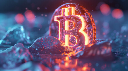 A glowing Bitcoin symbol designed by Dieter Rams with a gradient glass melt effect - obrazy, fototapety, plakaty
