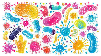 Bacteria gram positive illustration. Compilation of doodled bacteria elements, showcasing an array of scribble-inspired and abstract designs, white background.