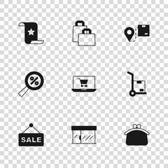Set Market store, Hand truck and boxes, Wallet, Shopping cart on screen laptop, Location with cardboard, Paper check financial check, shopping bag and Magnifying glass percent icon. Vector