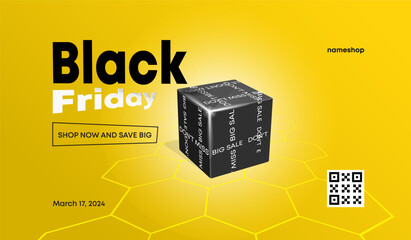 Black Friday banner with black box and yellow background.