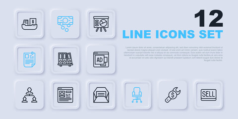 Set line Repair price, Sell button, Office folders, chair, Resume, Stacks paper money cash and Envelope icon. Vector