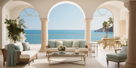 Foto auf Leinwand Experience the beauty of coastal living in a Mediterranean-inspired living room featuring elegant archway windows overlooking the azure waters, harmonizing perfectly with the intricate mosaic tiles. © Naseem