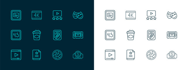 Set line Comedy and tragedy masks, Scenario, CD disk award in frame, Camera shutter, Popcorn cardboard box, Rating movie, Video with subtitles and 4k icon. Vector