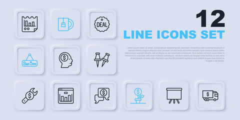 Obraz premium Set line Chalkboard, Armored truck, Business man planning mind, Dollar plant, From 9 to 5 job, Browser with stocks market, Cup of tea and negotiations icon. Vector