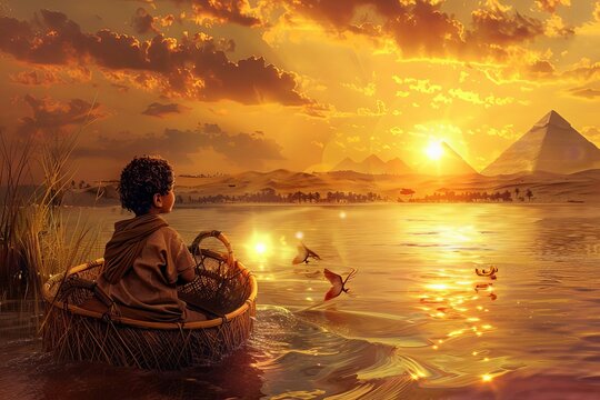 Baby Moses Floating in a Basket on the Nile at Sunset, Guided by God's Light, Ancient Egypt Landscape with Pyramids, Digital Painting