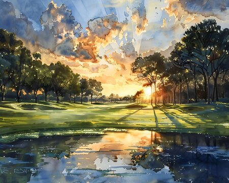 Watercolor panorama of a championship golf course at sunset, shadows and light playing across the fairways