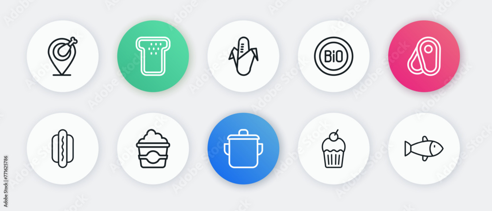 Poster Set line Cooking pot, Steak meat, Hotdog, Muffin, Banner for bio, Corn, Fish and Popcorn cardboard box icon. Vector