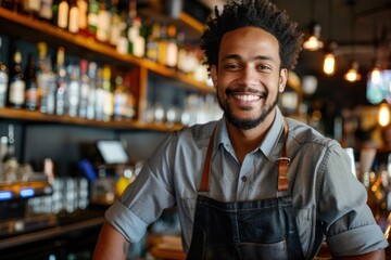 Smiling portrait of a young male bartender working in a bar - obrazy, fototapety, plakaty