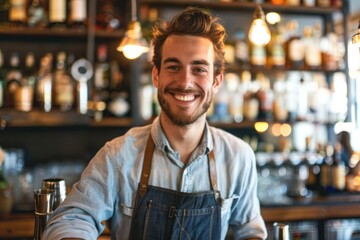 Smiling portrait of a young male bartender working in a bar