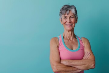 Smiling Senior muscular female fitness instructor on pastel background - obrazy, fototapety, plakaty