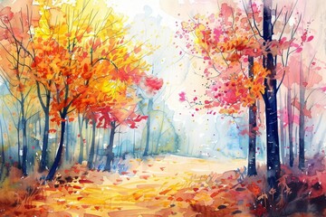 Autumn forest landscape with colorful trees, watercolor painting of fall season