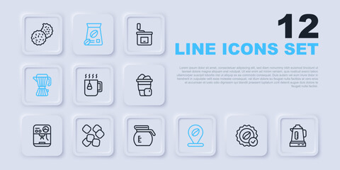 Set line Medal for coffee, Electric kettle, Cup tea with bag, Location bean, Coffee maker moca pot, Sugar cubes, Bag beans and icon. Vector