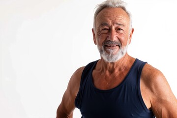 Smiling Senior muscular male fitness instructor Isolated on white background - obrazy, fototapety, plakaty