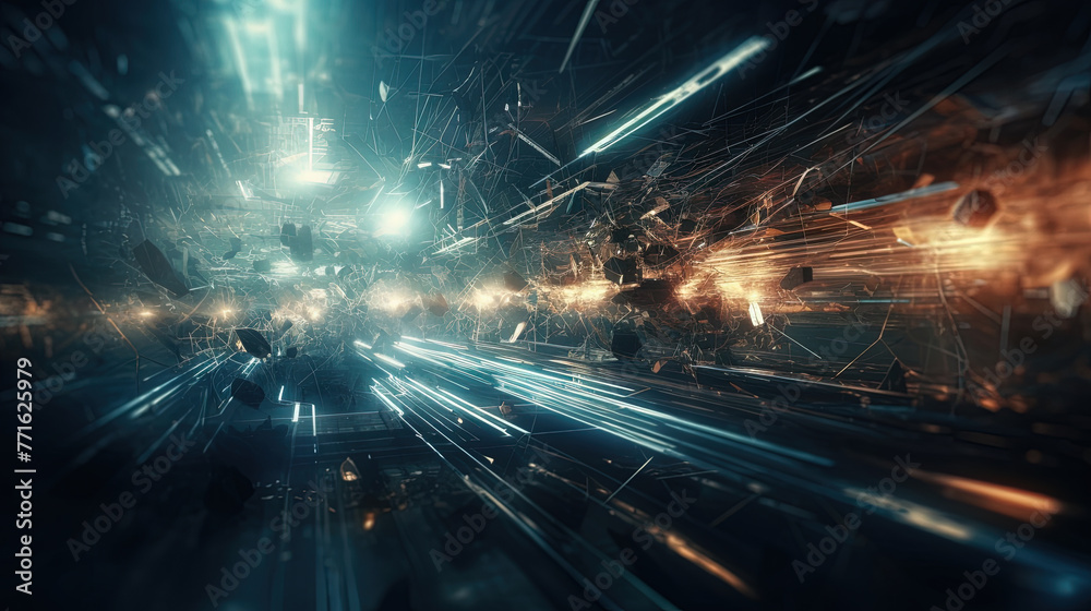 Poster Abstract technology burst with glowing wires and particles in motion. Technology and science dynamic background.