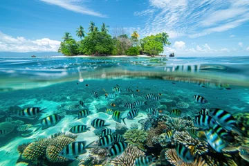 Fotobehang Split view of sea water with fish swimming underwater and tropical island on top © Igor